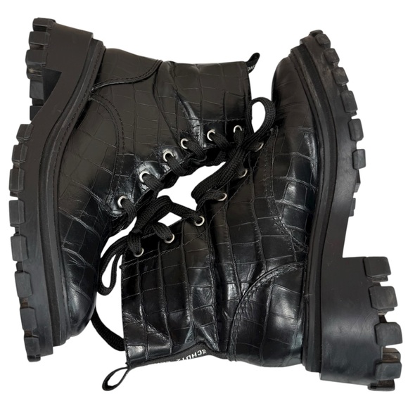 Schutz Black Croc-Embossed Leather Chunky Lug Sole Combat Platform Boots 7.5 - Picture 9 of 16